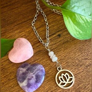 Handmade Handcrafted Rose Quartz Lotus Charm Wire Wrapped Necklace
